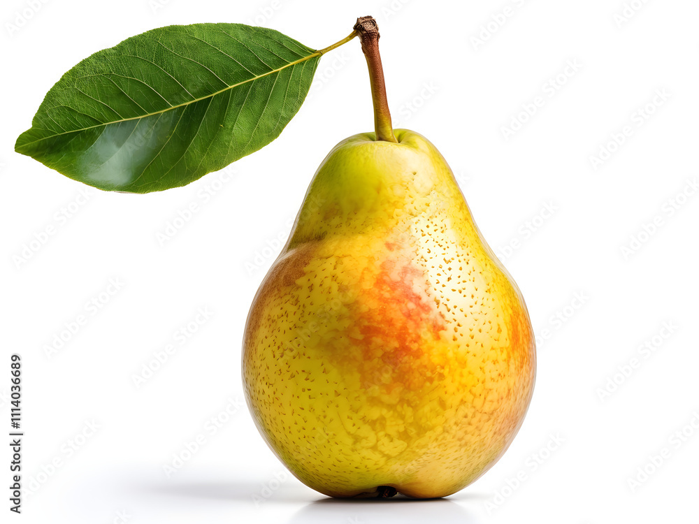 Fresh ripe pear with leaves on white background
Fresh ripe pear with leaves on white background