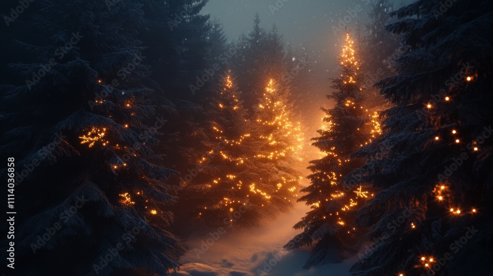 Fototapeta premium Enchanted Forest with Glowing Christmas Trees in Foggy Night