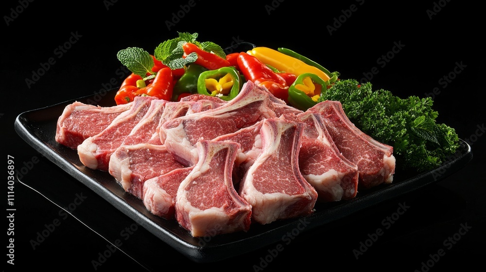 Fresh Raw Meat Cuts with Colorful Vegetables on Black Background Fresh Raw Meat Cuts with Colorful Vegetables on Black Background