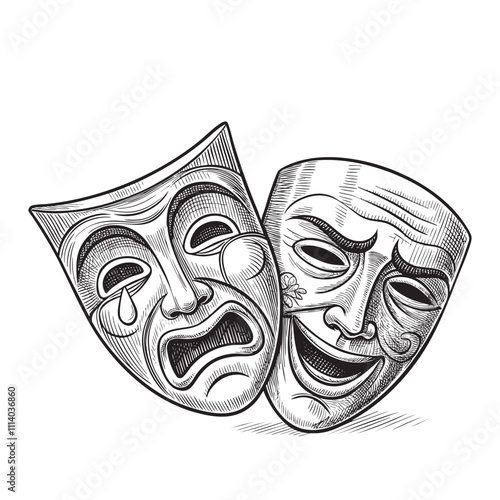 theater masks engraving vector illustration