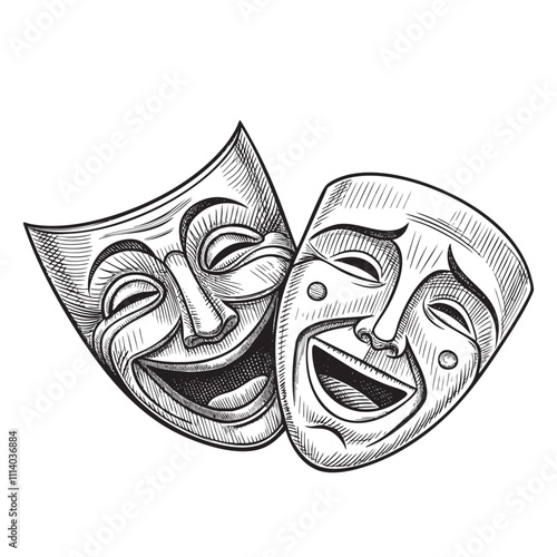 theater masks engraving vector illustration