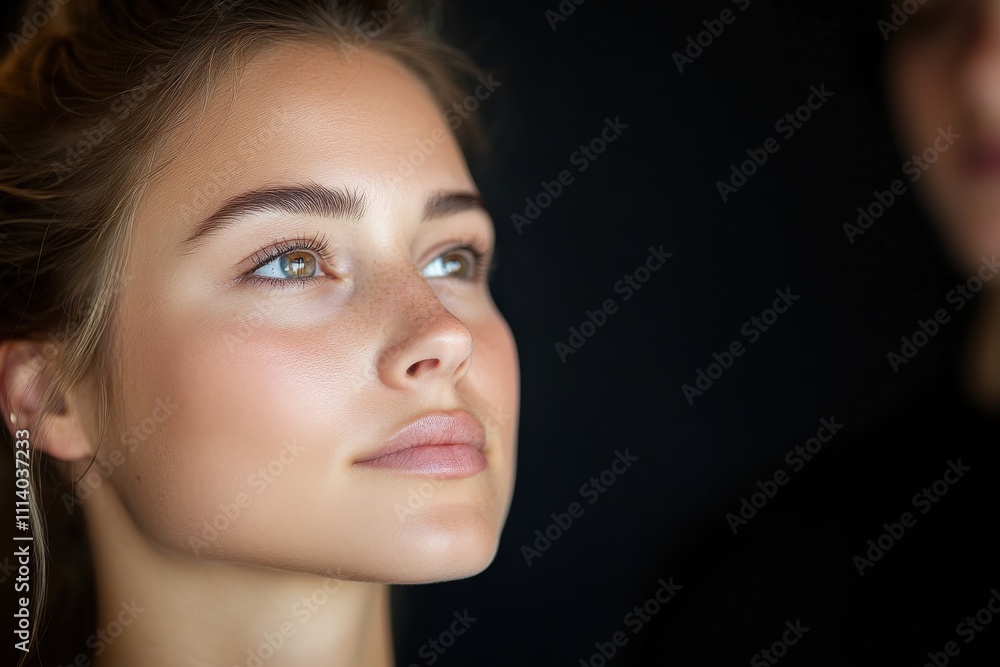 Fototapeta premium This elegant portrait features a model with soft, natural makeup, highlighting her features and bringing an air of sophistication through careful lighting and composition.