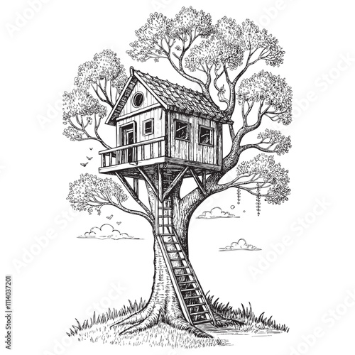 treehouse engraving vector illustration