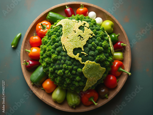 Romanesco broccoli shaped like earth surrounded by fresh vegetables promoting healthy eating habits photo