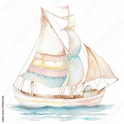 Watercolor Sailboat Illustration with Pastel Sails on Calm Sea photo