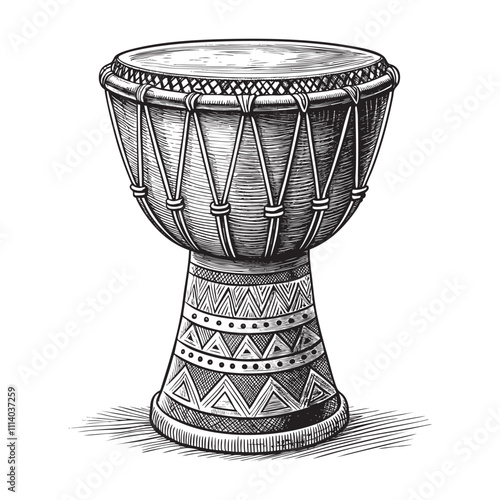 Djembe African traditional drum engraving vector illustration