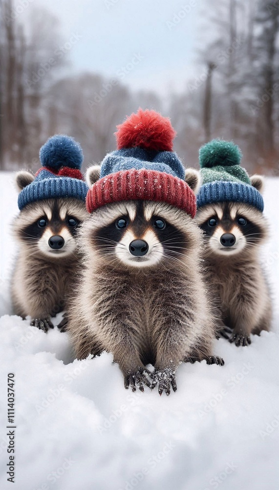 Fototapeta premium Adorable Raccoon Babies in a Snowy Winter Wonderland