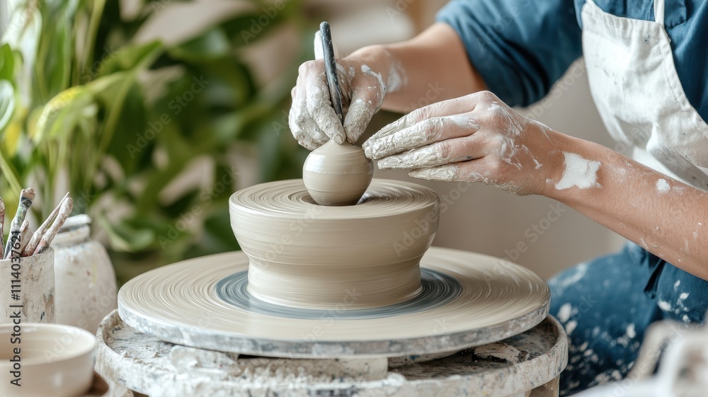 A person shapes clay on a pottery wheel, creating a bowl and a small sphere, surrounded by tools and greenery. A person shapes clay on a pottery wheel, creating a bowl and a small sphere, surrounded by tools and greenery.
