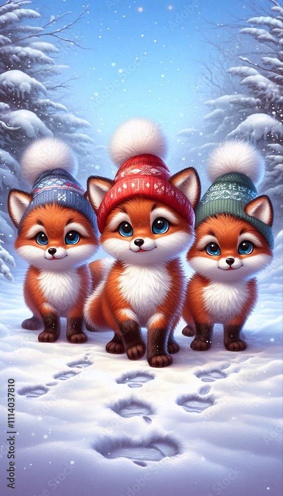Obraz premium Adorable Foxes in a Snowy Winter Wonderland