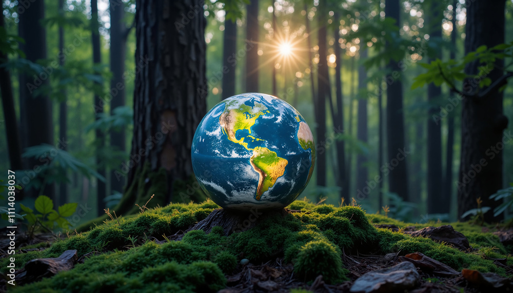 Glowing Earth resting on moss in a magical forest with twilight lighting for Earth Day
Glowing Earth resting on moss in a magical forest with twilight lighting for Earth Day