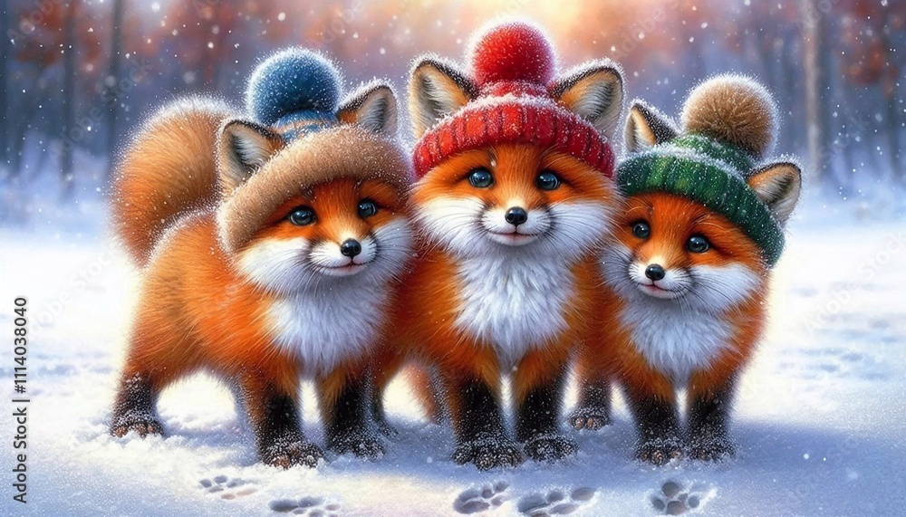 Fototapeta premium Adorable Foxes in a Snowy Winter Wonderland