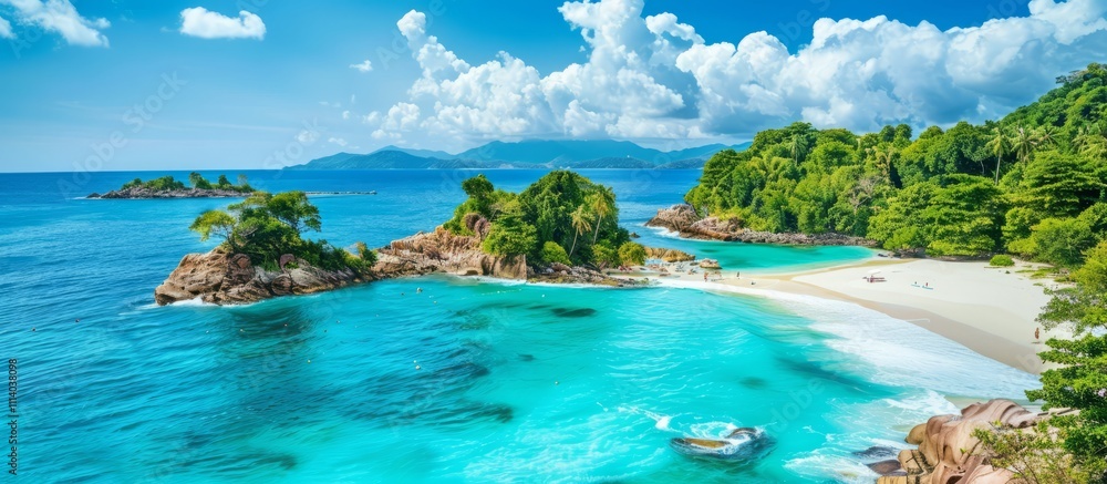 Fototapeta premium Crystal-clear turquoise water gently laps against the shore of a tropical island paradise, surrounded by lush green vegetation and a vibrant blue sky