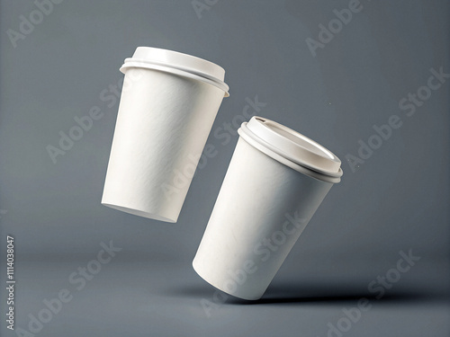 photo 3D render of two white paper coffee cups floating in the air, isolated on a grey background photo