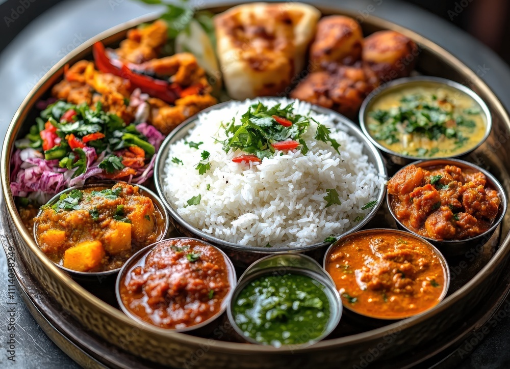 A vibrant platter of Indian cuisine, featuring rice, various curries, naan bread, and fresh herbs.  Perfect for illustrating delicious food, cultural diversity, or restaurant menus.