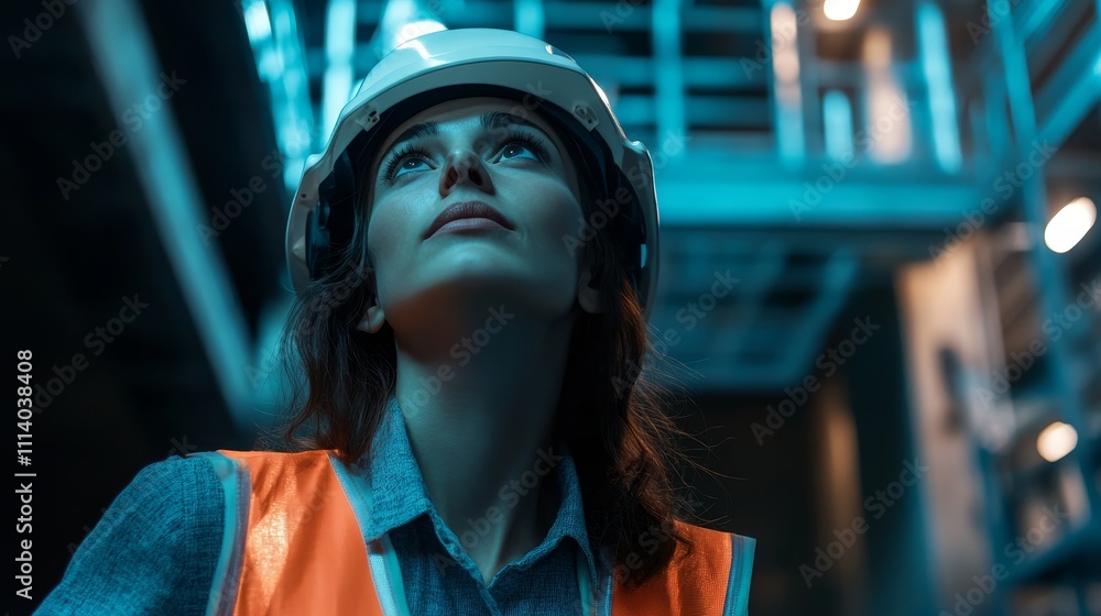 A woman in a safety vest and helmet gazes upward in an industrial setting, reflecting focus and determination. A woman in a safety vest and helmet gazes upward in an industrial setting, reflecting focus and determination.
