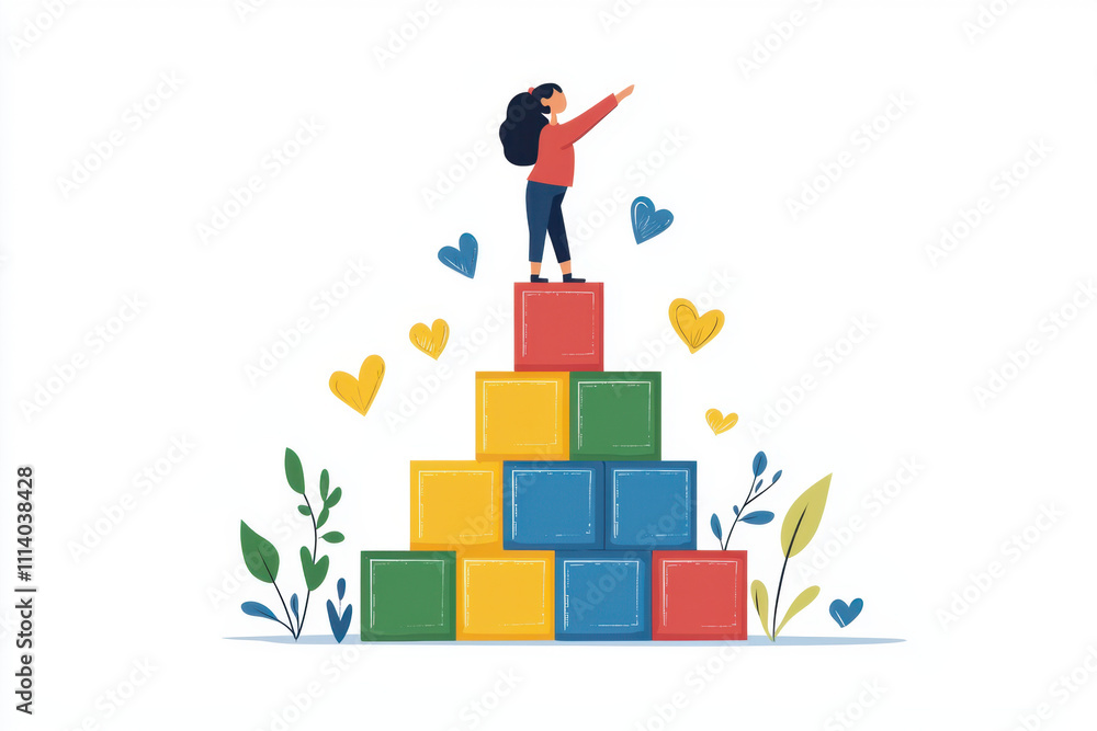 Personal Goal Setting and Mind Visualization. A girl stands triumphantly on a colorful stack of blocks, surrounded by hearts and plants, symbolizing achievement and creativity. Personal Goal Setting and Mind Visualization. A girl stands triumphantly on a colorful stack of blocks, surrounded by hearts and plants, symbolizing achievement and creativity.