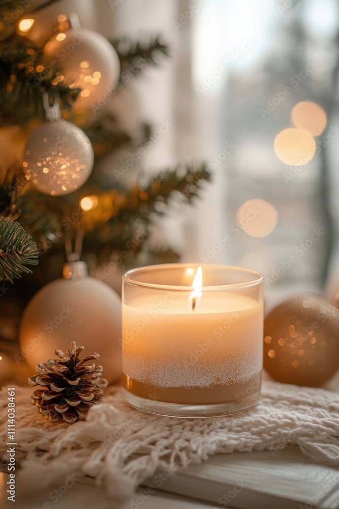 Cozy christmas candle scene with festive ornaments in warm ambient light for seasonal decor and greeting cards Cozy christmas candle scene with festive ornaments in warm ambient light for seasonal decor and greeting cards