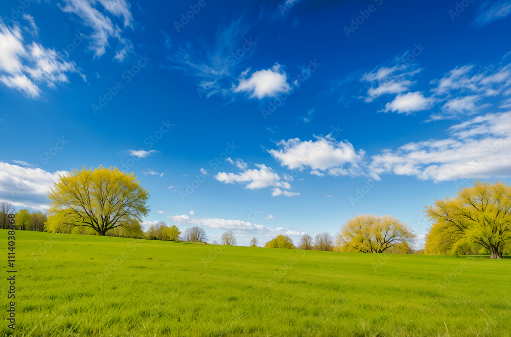 Naklejka premium Wide open field with a bright blue sky, symbolizing nature, freedom, and serenity. Generative AI
