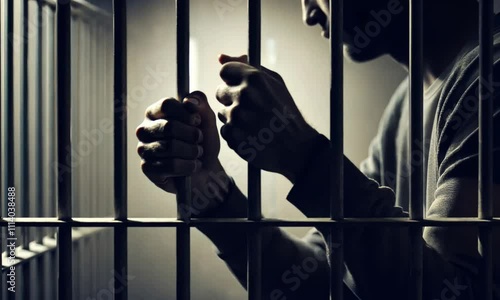 Man sitting in jail holding the metallic bars