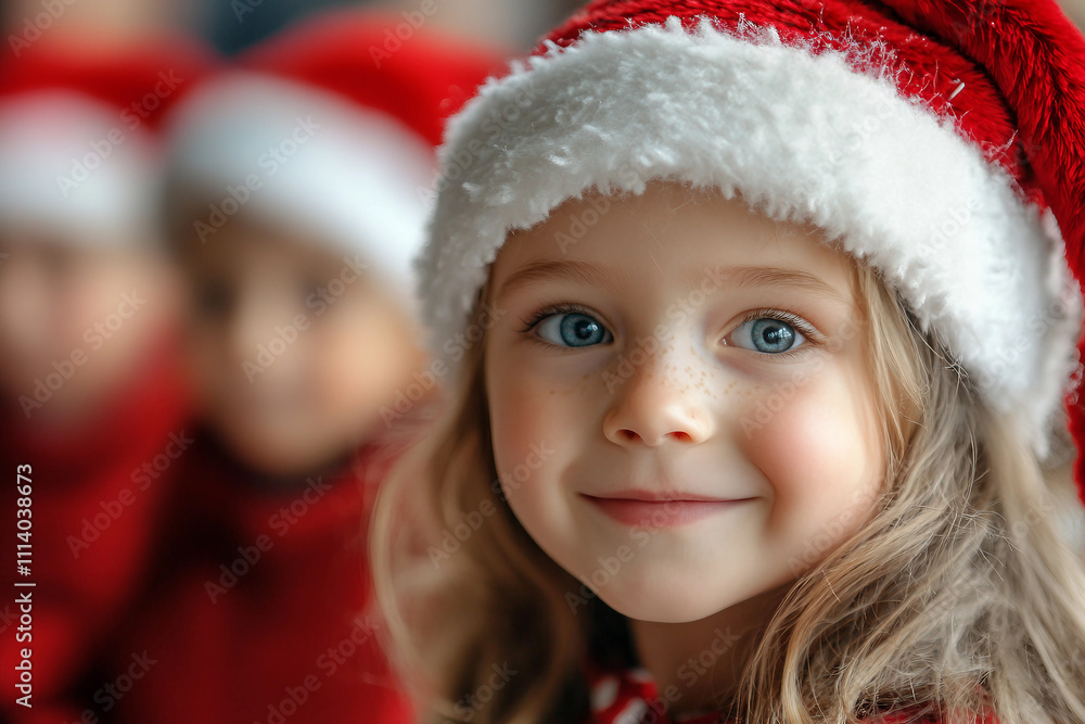 Generative AI image of a smiling girl in a red hat and sweater, celebrating the New Year at school with classmates in festive attire Generative AI image of a smiling girl in a red hat and sweater, celebrating the New Year at school with classmates in festive attire