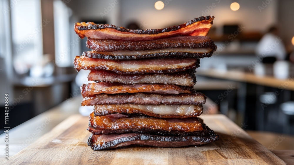 Stacked Crispy Bacon Strips Ready for Gourmet Breakfast Delicacy Stacked Crispy Bacon Strips Ready for Gourmet Breakfast Delicacy