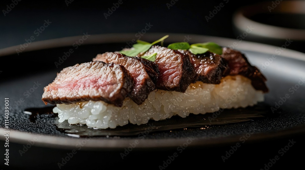 Elegant Wagyu Sushi Roll on a Sleek Plate Elegant Wagyu Sushi Roll on a Sleek Plate