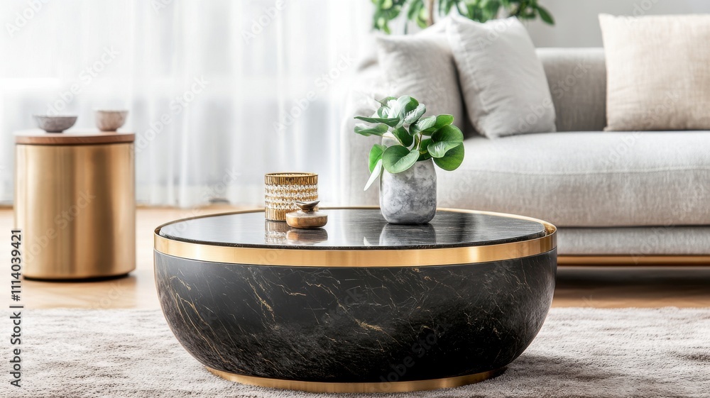 A stylish living room features a black marble coffee table with gold accents, a cozy sofa, and decorative plants, creating an elegant and modern atmosphere. A stylish living room features a black marble coffee table with gold accents, a cozy sofa, and decorative plants, creating an elegant and modern atmosphere.