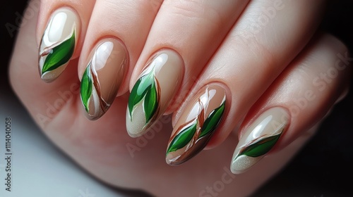 Elegant nail art featuring green leaf designs