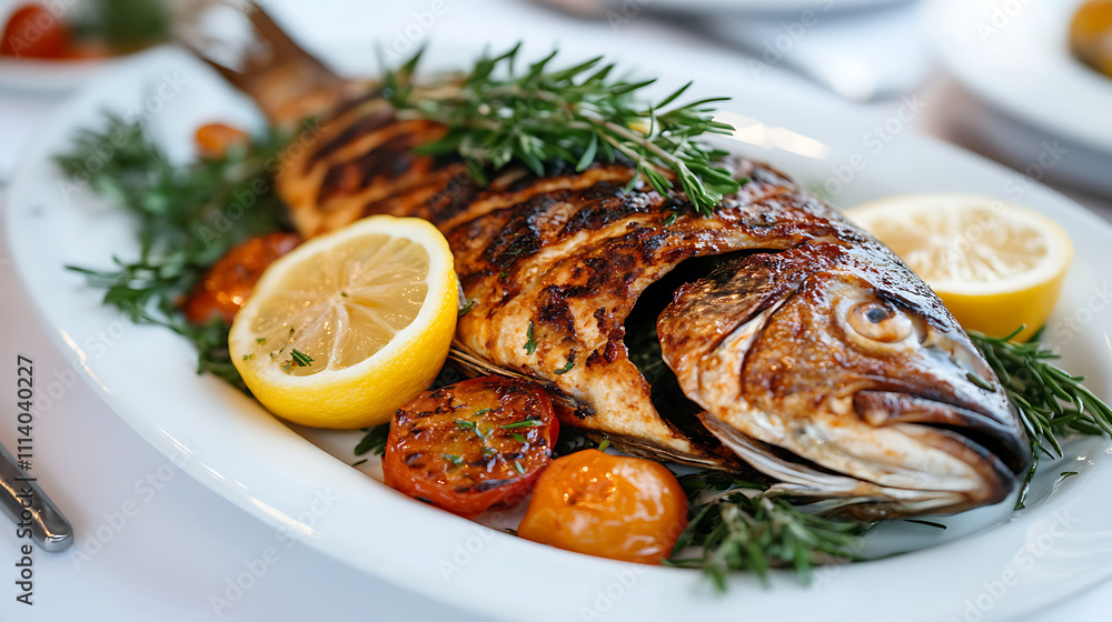 Whole grilled fish garnished with herbs and lemon Whole grilled fish garnished with herbs and lemon
