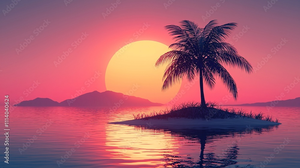 Sunset over a minimalist palm tree on a serene island in calm waters Sunset over a minimalist palm tree on a serene island in calm waters