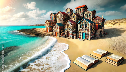 A coastal scene where houses built entirely of stacked books stand on a sandy beach, with turquoise waves gently washing ashore under a sunny, cloud-dotted sky, blending literature and nature. photo