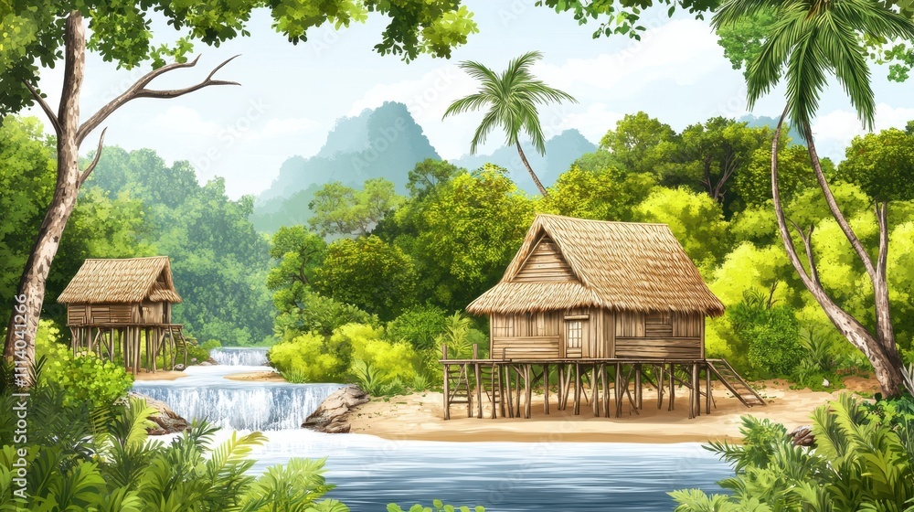 Tranquil Tropical Retreat: Serene Huts by a Cascading Waterfall Tranquil Tropical Retreat: Serene Huts by a Cascading Waterfall