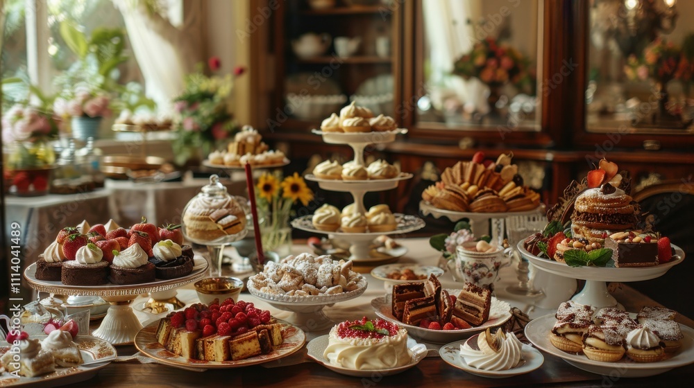 Delightful desserts showcased during an International Dessert Day celebration with a charming lush backdrop Delightful desserts showcased during an International Dessert Day celebration with a charming lush backdrop