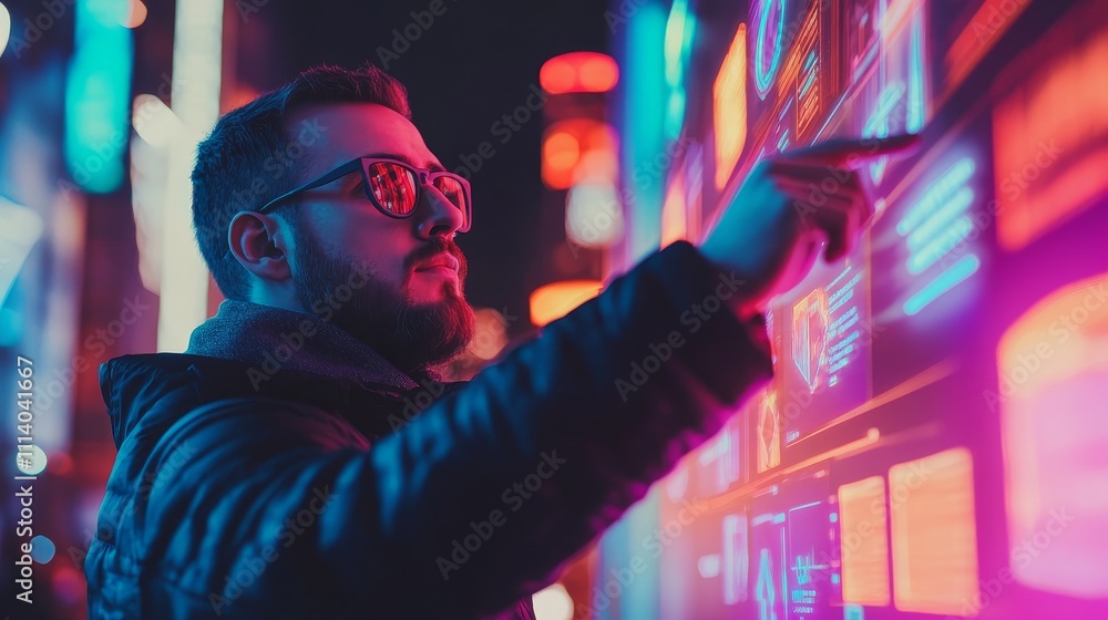 Obraz premium A man interacts with a vibrant digital display in a futuristic urban setting at night.