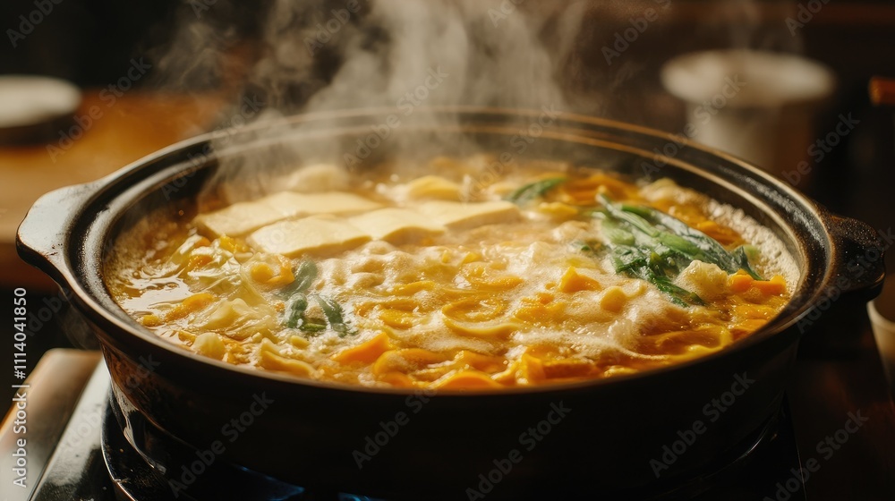 Steaming Japanese Hotpot with Fresh Ingredients Steaming Japanese Hotpot with Fresh Ingredients