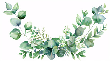 Watercolor Vector Wreath with Eucalyptus Leaves and Flowers: A watercolor vector wreath featuring eucalyptus leaves and flowers.