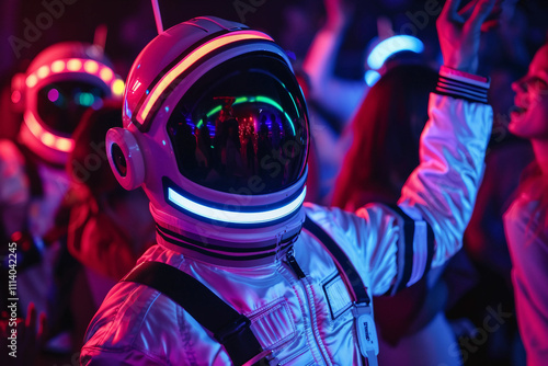 Modern party masquerade man wearing cosmonaut helmet dance night club illumination generative ai image photo