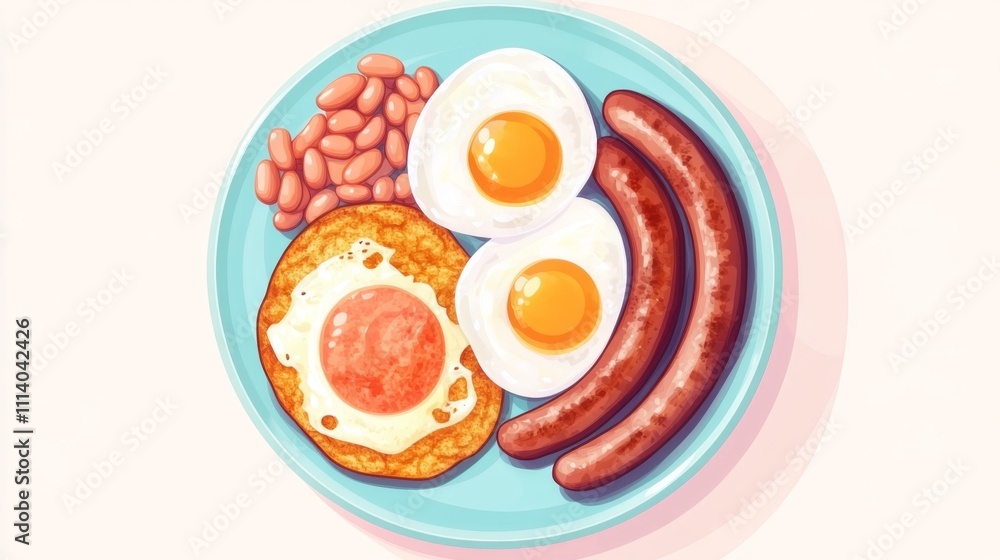 Colorful Breakfast Plate with Eggs, Sausages, Beans, and Toast Colorful Breakfast Plate with Eggs, Sausages, Beans, and Toast