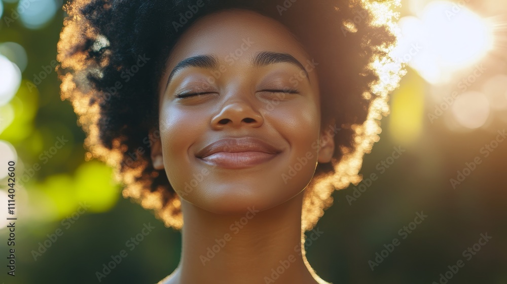 A joyful woman with natural hair smiles warmly in a sunlit outdoor setting. A joyful woman with natural hair smiles warmly in a sunlit outdoor setting.