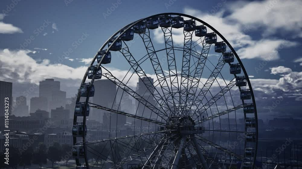 A towering ferris wheel stands against the backdrop of a bustling city skyline. A towering ferris wheel stands against the backdrop of a bustling city skyline.
