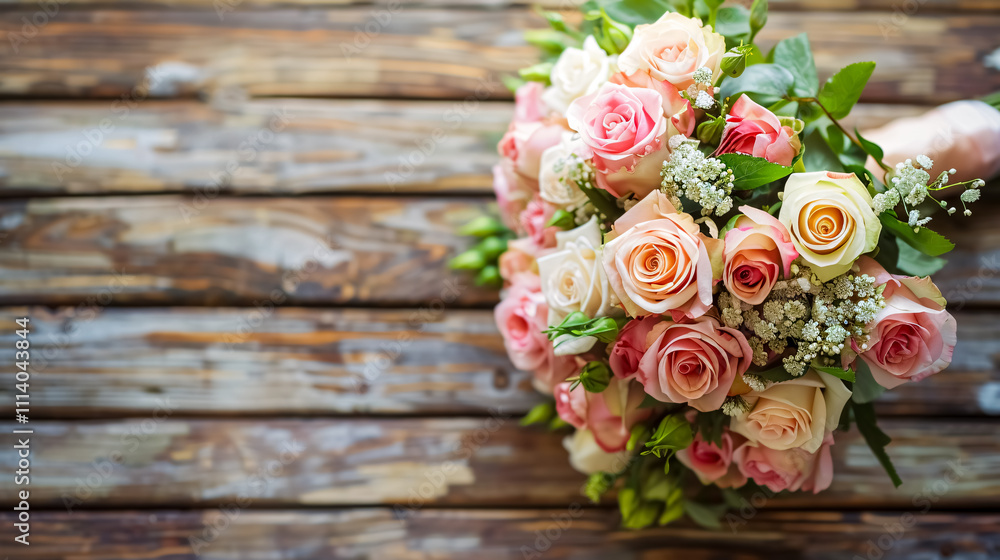 Wedding Bouquet of Roses on Wooden Background: A wedding bouquet of roses placed on a wooden background.