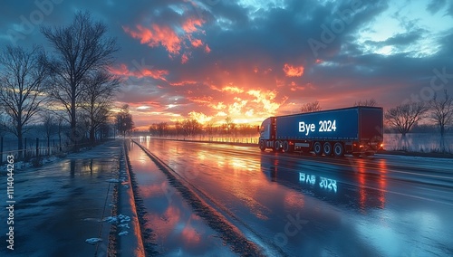 A large truck, showing the text BYE 2024 on its trailer, is driving down the highway at sunset meaning the year 2024 is about to be finished.
