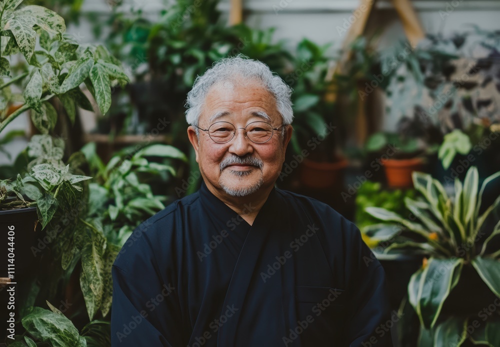 日本庭園の植物に囲まれた年配の男性が笑顔で座っている 日本庭園の植物に囲まれた年配の男性が笑顔で座っている