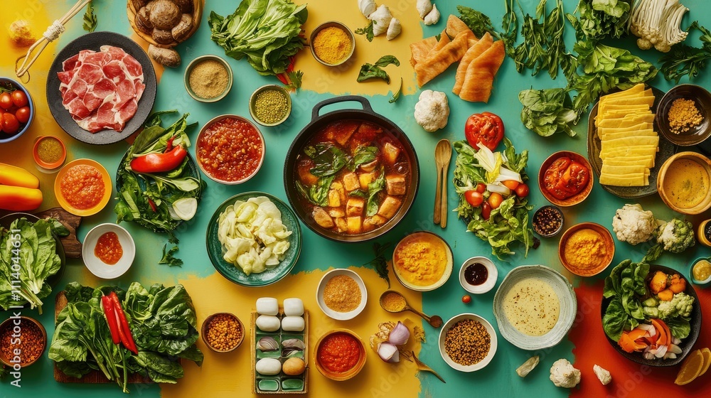 Colorful Overhead View of Fresh Shabu Ingredients Colorful Overhead View of Fresh Shabu Ingredients