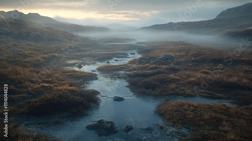 Misty Mountain Stream Flows Through Autumnal Grasslands