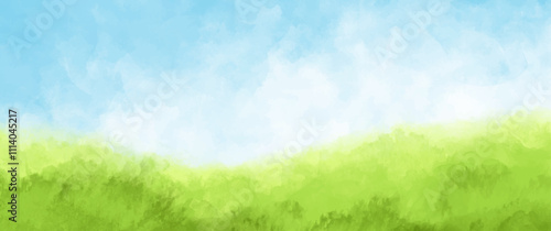 Abstract summer landscape vector watercolor background with blue sky, white clouds and green field. Watercolor illustration for interior, flyers, poster, cover, banner. Modern hand draw painting.