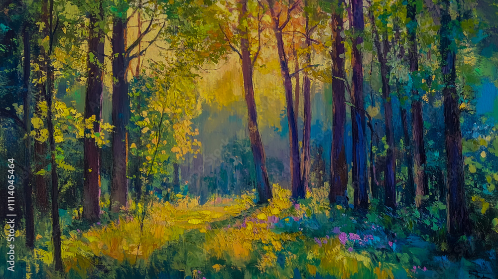 Sunlight streaming through trees in a vibrant spring forest, capturing the beauty of the season Sunlight streaming through trees in a vibrant spring forest, capturing the beauty of the season