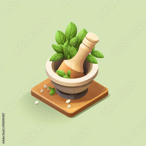 Pestle and mortar with herbs, macerated plants, isometric icon, kitchen utensil, grinding, food crushing, made of wood. 3D render cartoon character design. photo