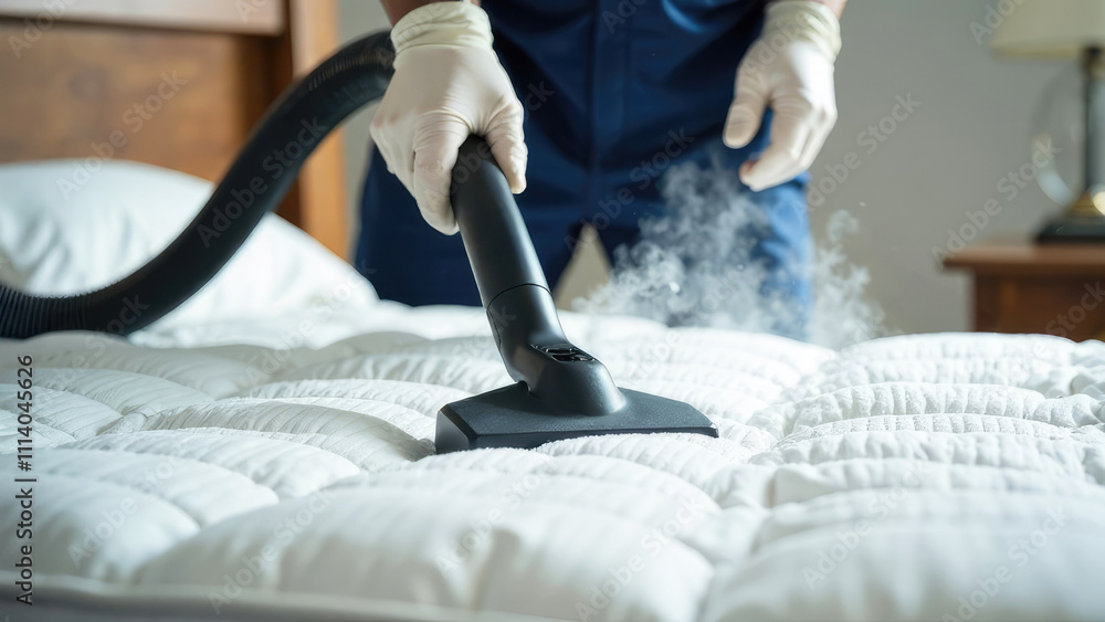 Fototapeta premium Close-up of gloved hands of male cleaner vacuuming from a bedroom mattress. Cleaning and disinfecting bed linens and mattress, cleaning company
