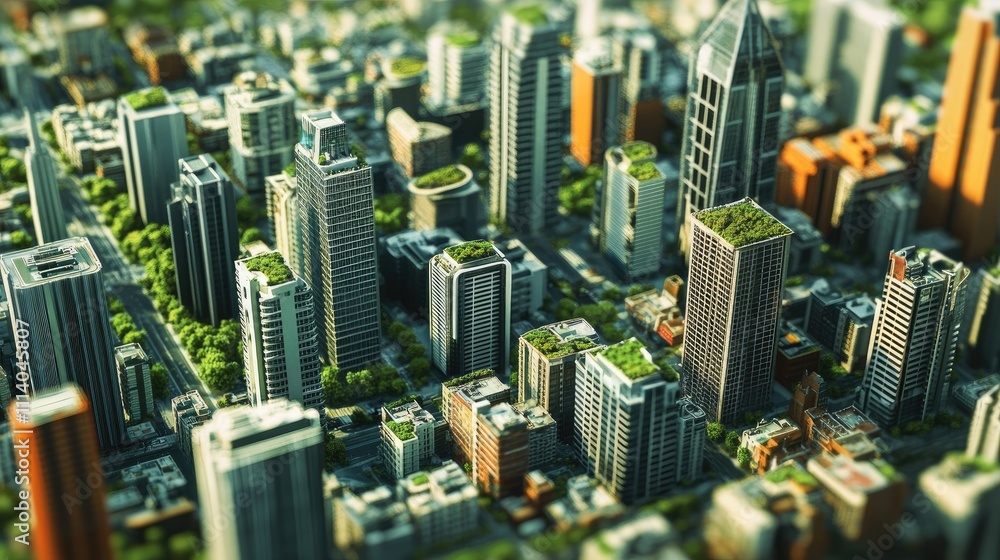 Aerial view of a futuristic eco-friendly city with green rooftops and abundant trees. Aerial view of a futuristic eco-friendly city with green rooftops and abundant trees.